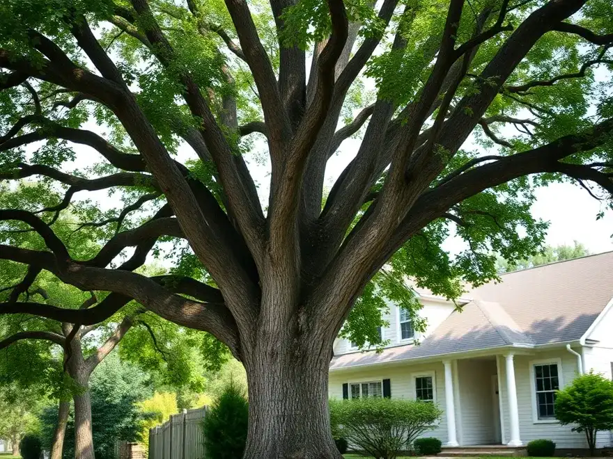 Large mature oak tree growing close to a single family house