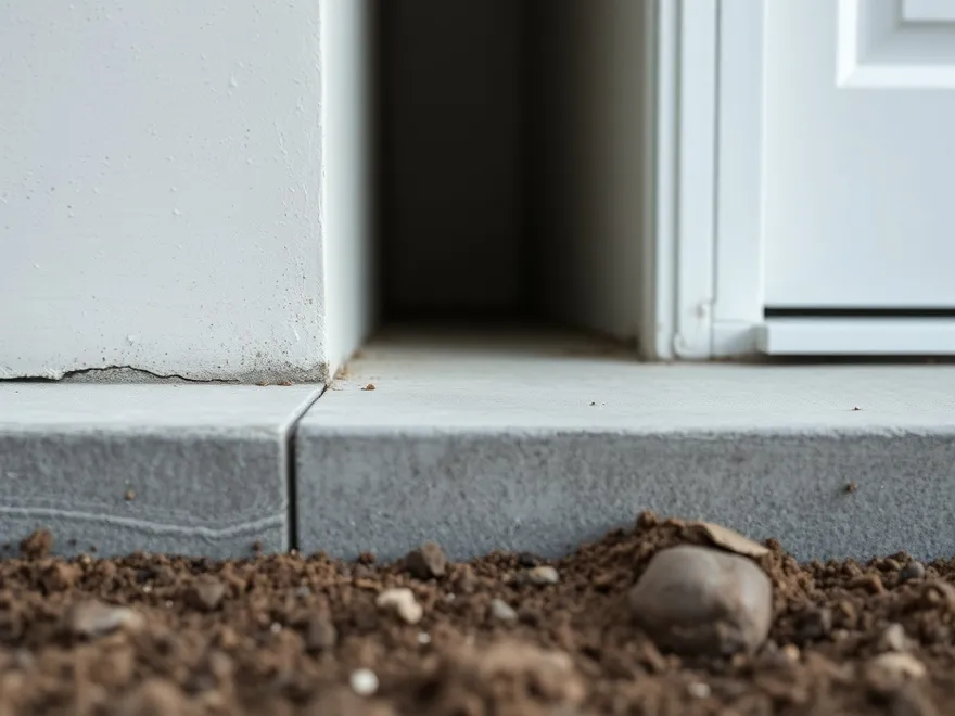 Concrete slab edge and soil line at the base of an exterior wall